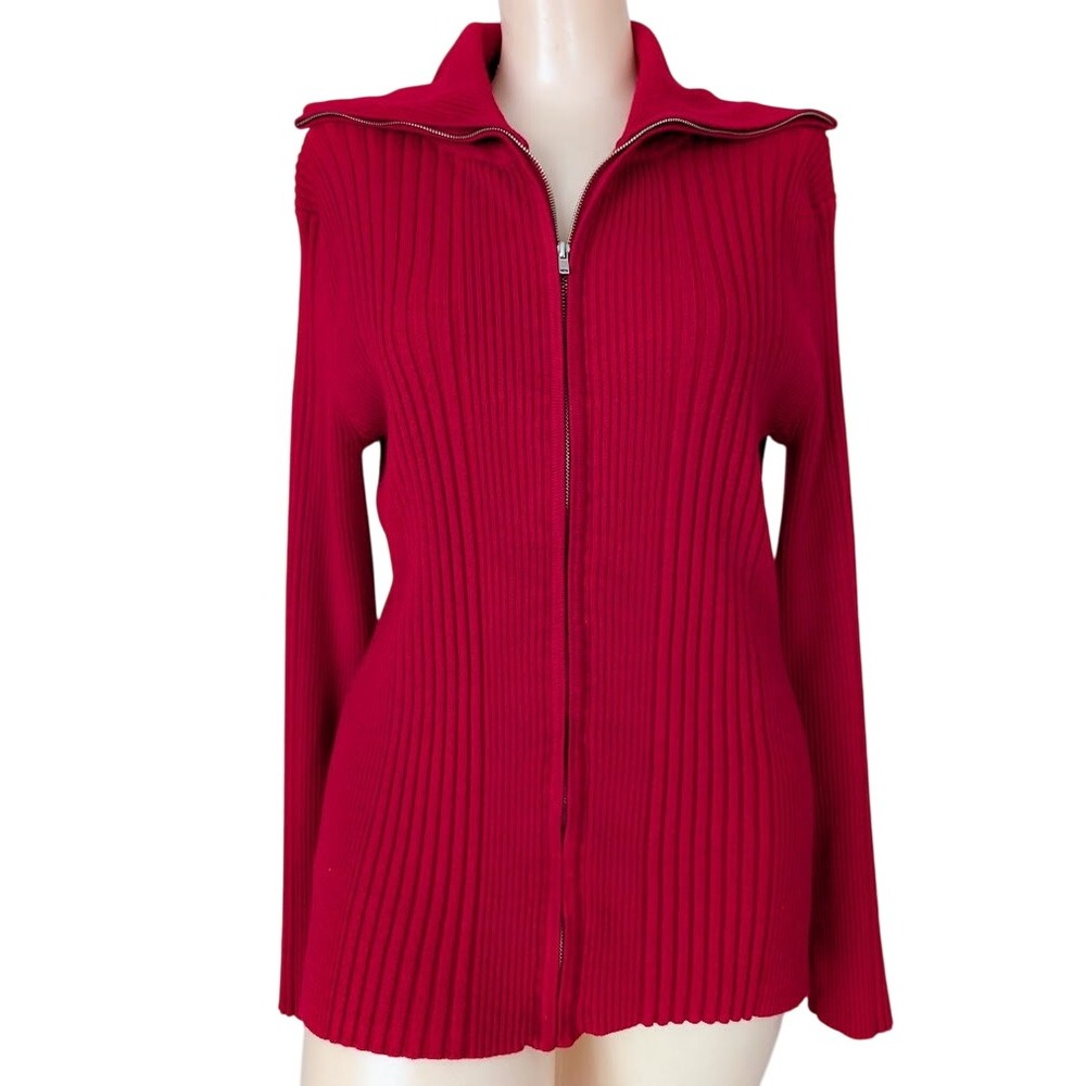 Red Large Collar Zip Up Cardigan Sweater Women Medium Preppy Academia Minimalist